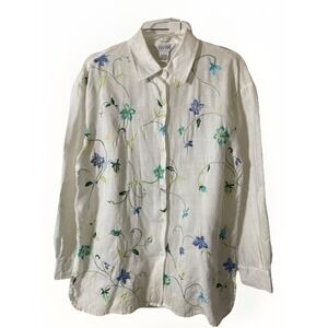 Allison Taylor White Floral Embroidered Linen Shirt Roll Tab Long Sleeve Size L